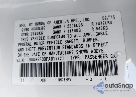 2015 Acura Tlx V6 из США, поврежденный, VIN 19UUB2F3XFA017921